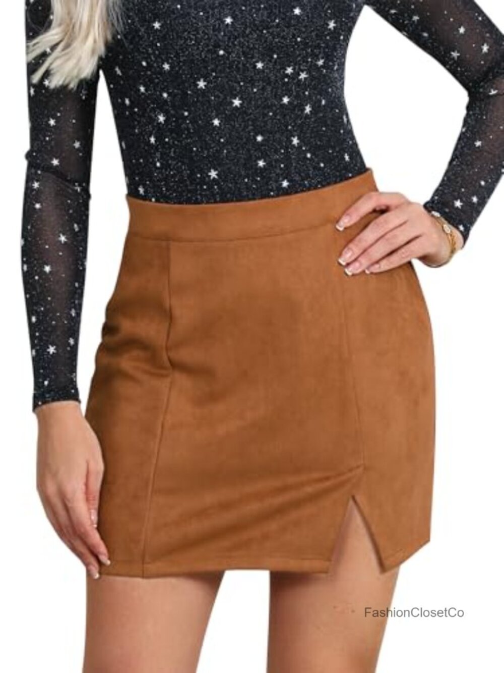 Faux Suede Mini Skirt with Slit High Waisted Bodycon Pencil Skirt